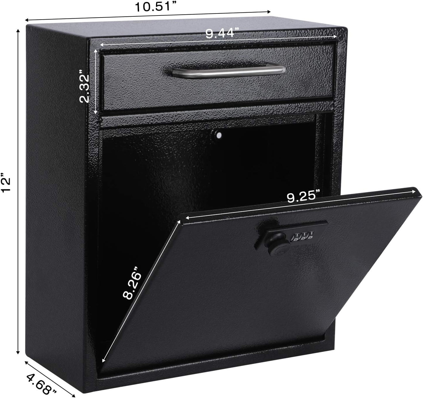 xydled Wall-Mount Mailboxes with Combination Lock, Steel Combination Lock Mail Boxes Outdoor, Locking Wall Mount Mailbox, Security Key Drop Box, 13.4H x 11.6L x 5.8W Inches, Black, Large