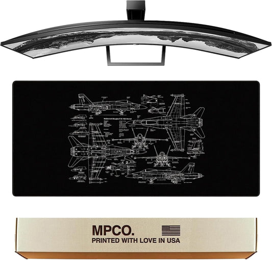 MPCO. Blueprints Large Gaming Desk Pad - 36" x 17" Aeroglyde Fabric 18A Hornets – Black Desk Mats - Non-Slip, Washable, Smooth Glide for Precision Gaming & Work