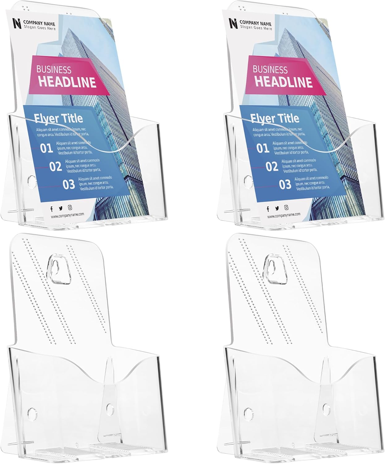 Acrylic Brochure Holder 8.5 x 5.5 Inches, 4-Pack Clear Plastic Display Stand for Half-Fold Flyers, Pamphlets, Menus, Trifold Literature, Wall Mount or Countertop Use