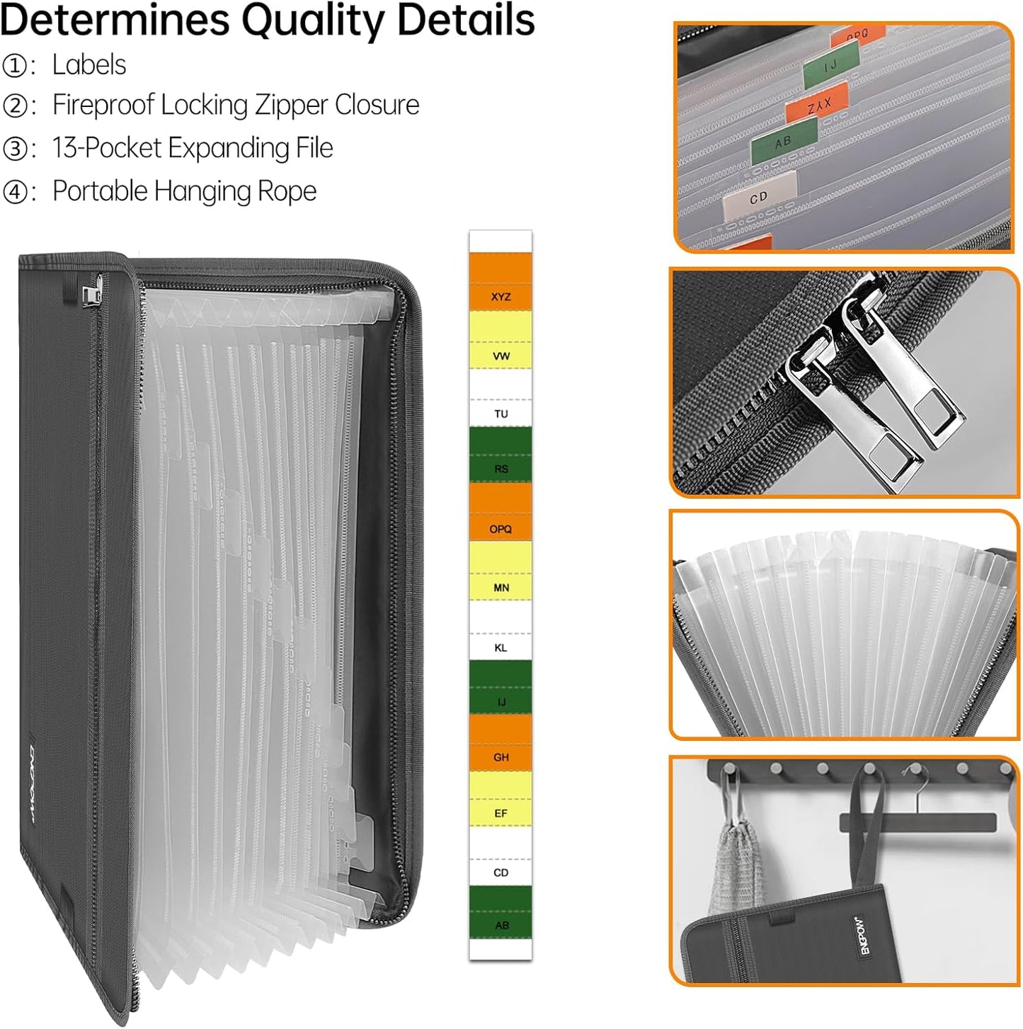 ENGPOW Accordion File Organizer,Fireproof 13 Pockets Expanding File Folder,Document Organizer Folder with Zipper＆Labels,Portable Home Travel Safe Storage for Letter A4 Files and More,Gray