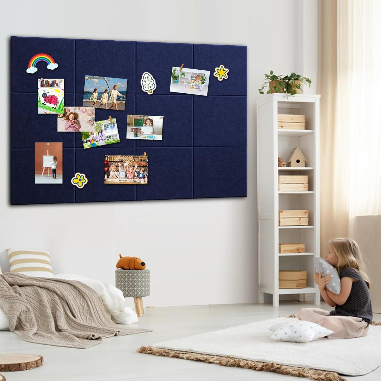 Large Cork Board 48" x 36" - Blue Bulletin Board for Walls - 12 Pack Felt Wall Tiles with Safe Removable Adhesive Tabs - Corkboard for Office Classroom Home Decor - Navy Blue