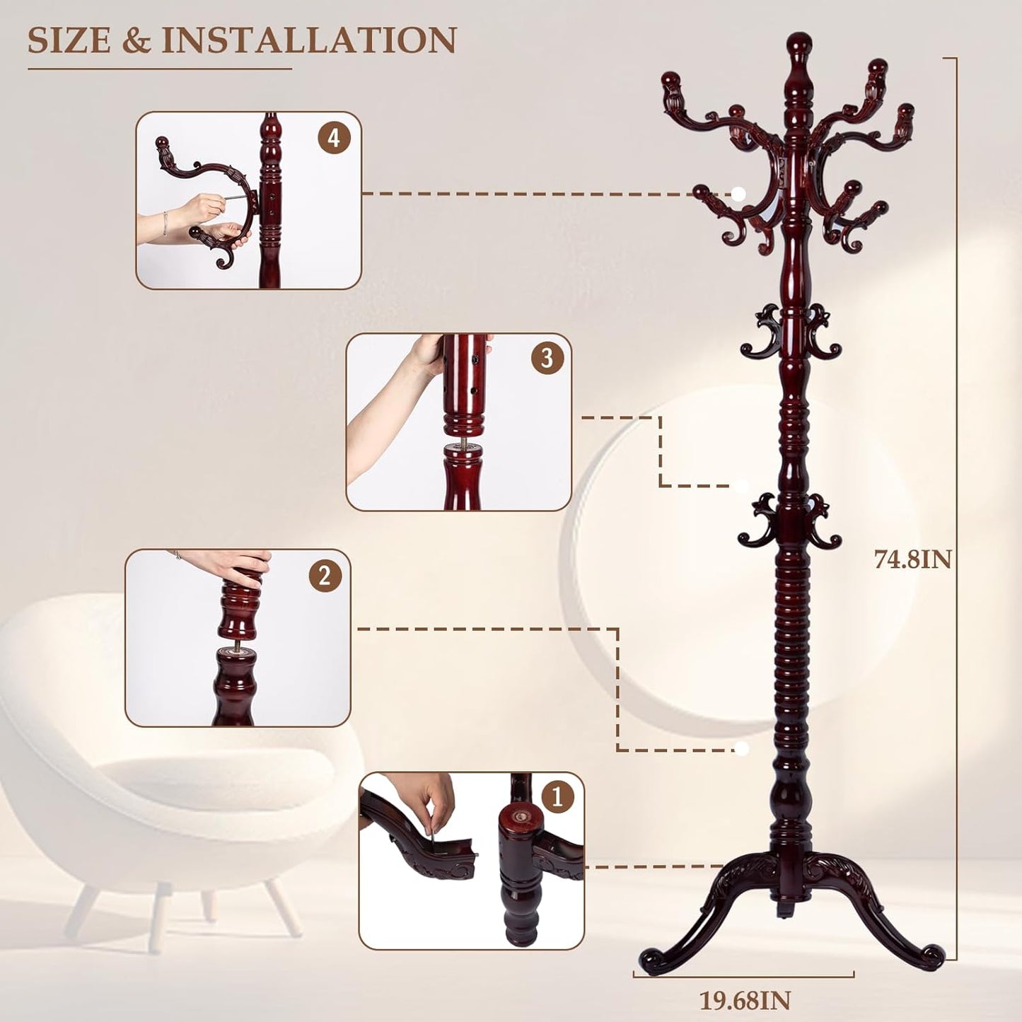 Wood Coat Rack Freestanding, Natural Coats Tree Stand with 14 Hooks, 73" Sturdy and Easy Assembly Coat Rack Stand for Entryway, Hallway, Bedroom, Bags, Hats (Tri-legged Base, Rosewood)