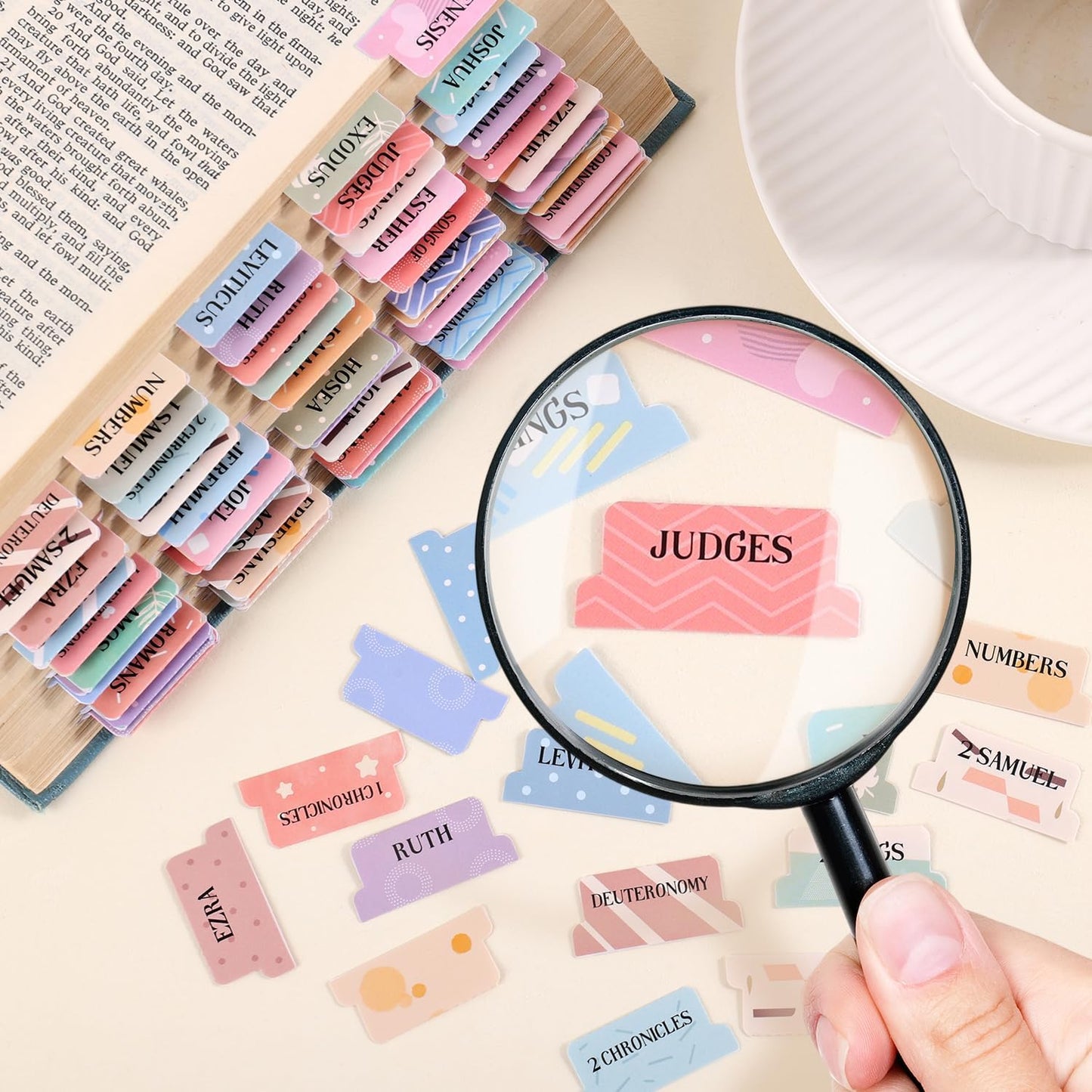 Bible Tabs for Women, 66 Large Print Laminated Bible Chapters Index Tabs and 39 Blank Dividers Sticky Labels, Cute Beauty Geometry Bible Study Supplies, Journaling Accessories, Christian Gifts for Men