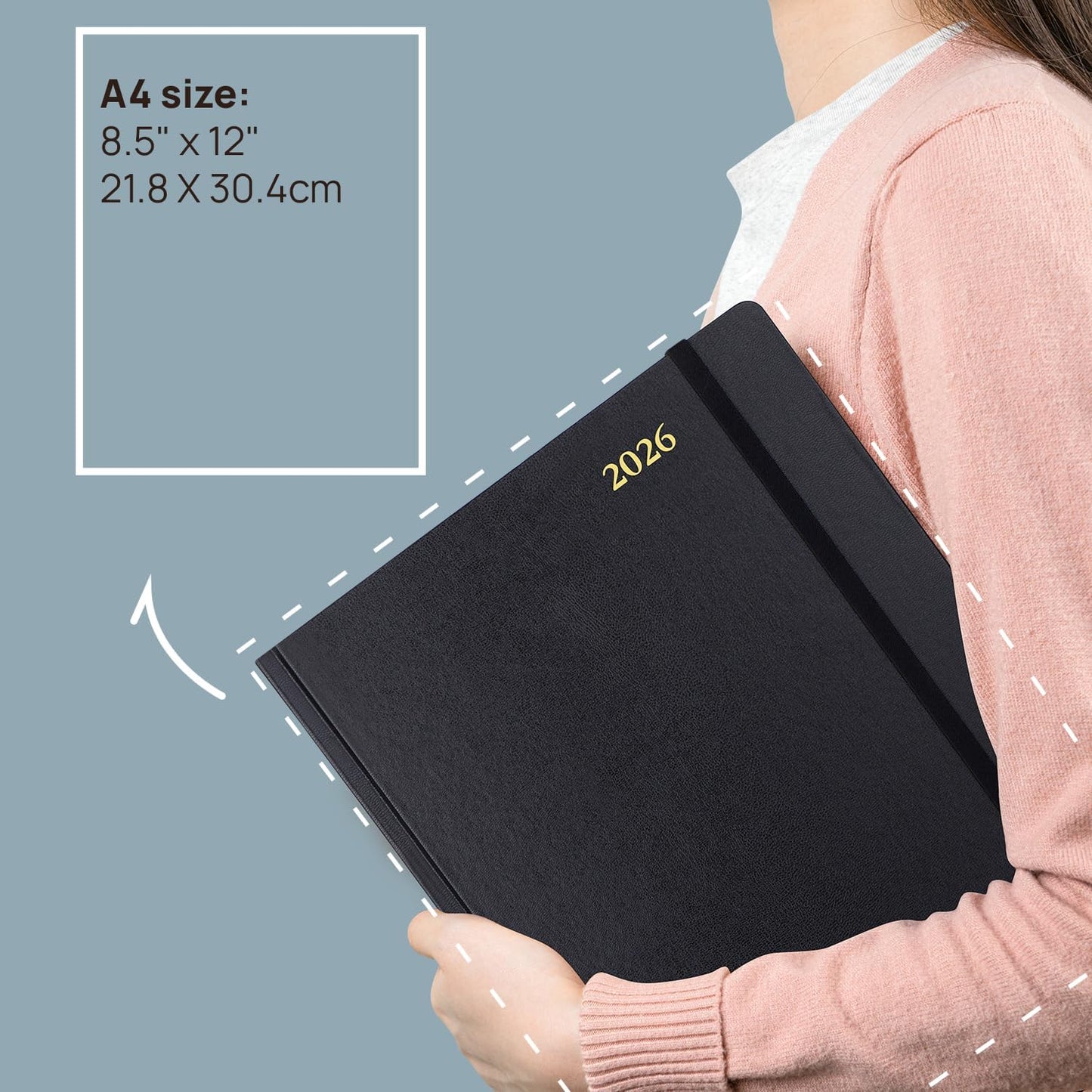 POPRUN 2026 Daily Planner One Page Per Day Even Weekends A4 Large Size (8.5" x 12") - 12 Months Calendar Hourly Appointment Book with Inner Pocket, Pen Holder, Hardcover - Light Pink