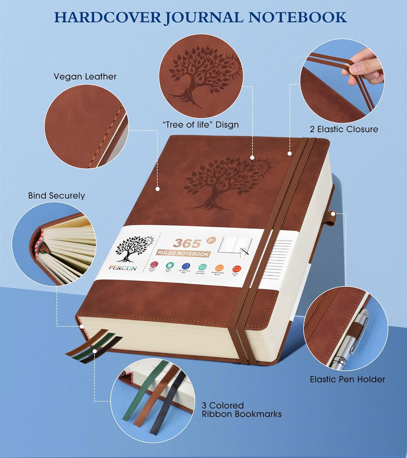 B5 Lined Journal Notebook - 365 Page Large Leather Journals for Writing Women Men，Hardcover Notebook with 100Gsm Thick Pages，Daily Diary for Travel, Work，School，College Ruled (7.6" x 10.3")