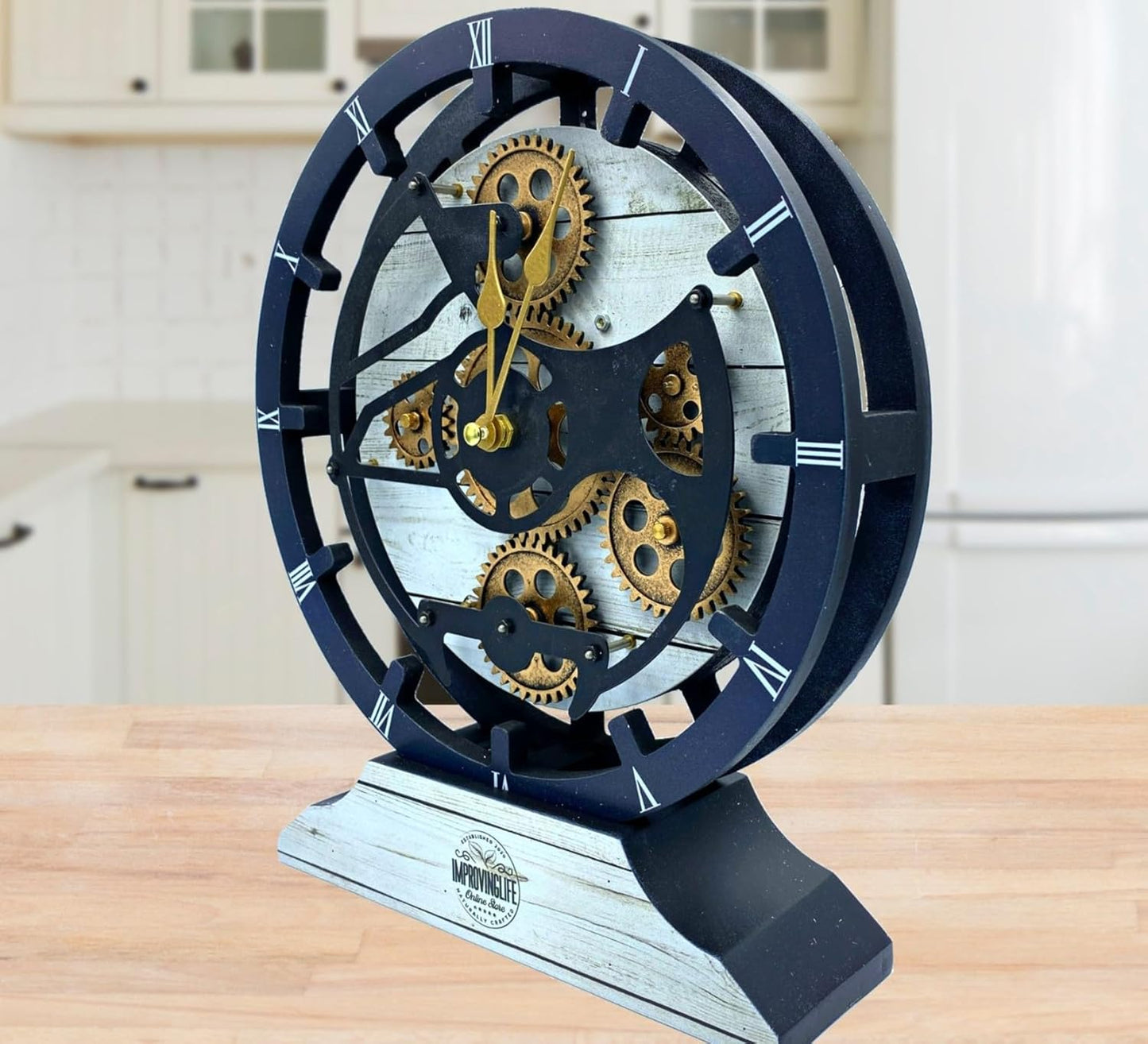 The Gears Clock Desk Clock 10 inches with Real Moving Gears Convertible into Wall Clock (White Farmhouse)