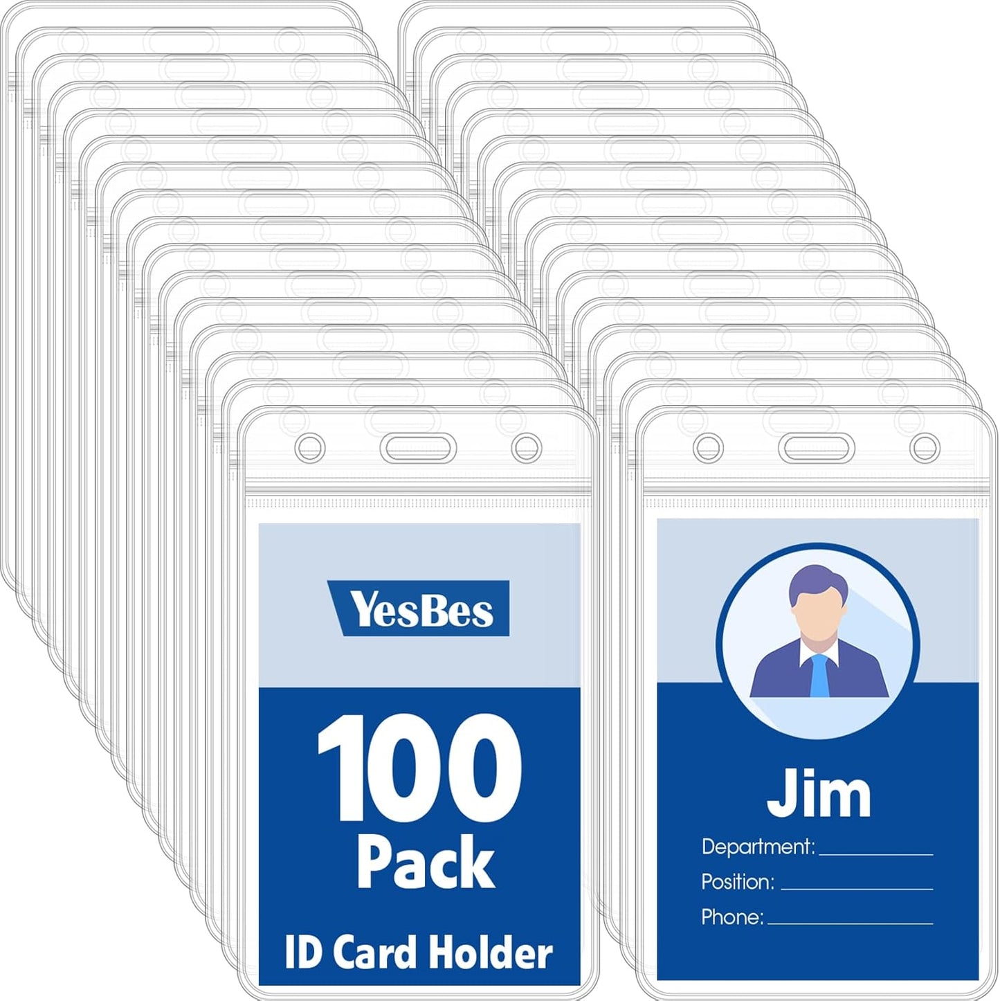 100 Pcs Vertical Badge Holders, Waterproof ID Badge Holder, Clear ID Card Holder with Resealable Zip for Proximity Cards, RFID, Credit Cards