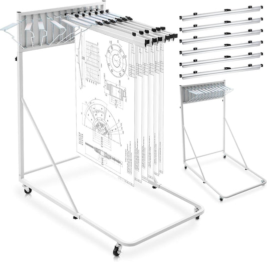 Estune Mobile Blueprint Holder Rack, Adjustable Mobile Blueprint Holder with 6 30 In Hanging Clamps 4 Wheels Poster Display Rack Storage Organizer Stand for File Display Plan Office Home(Silver)