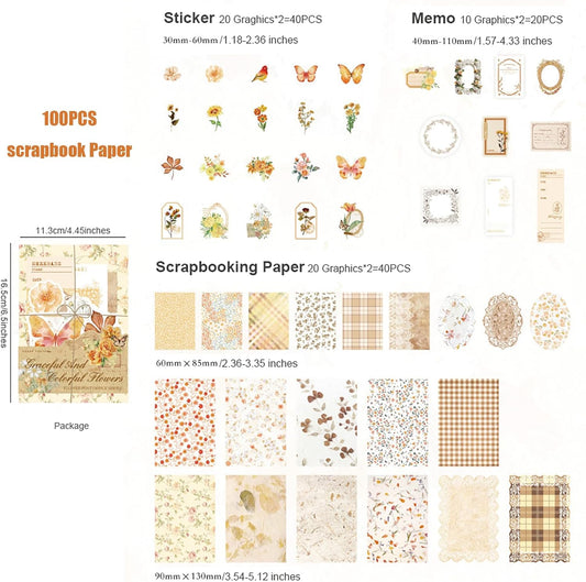 Doraking 100pcs Vintage Floral Scrapbook Paper Journaling Stickers Assorted Set, Material Paper Memo Junk Journal Supplies for Bullet Journaling Retro Crafts Planner Collage Card Album