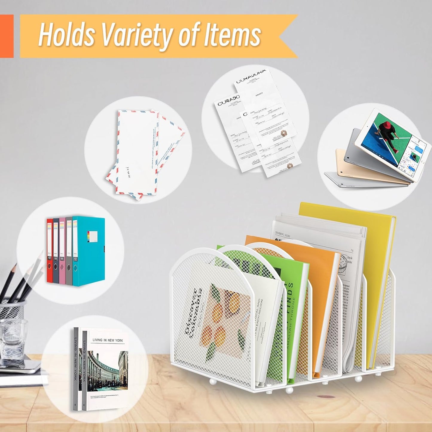 Desk File Organizer 5 Sections Desktop Organizer File Sorter Office Organization File Folder Holder for Office School & Classroom (White, 5 Section - 1Pack)