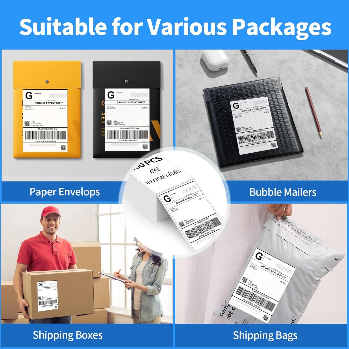 4"×6" Direct Thermal Shipping Label, Fanfold Thermal Label 4000 Packs (500packs Per Stack) Permanent Adhesive, Compatible with Zebra, Rollo, Jadens, Nelko