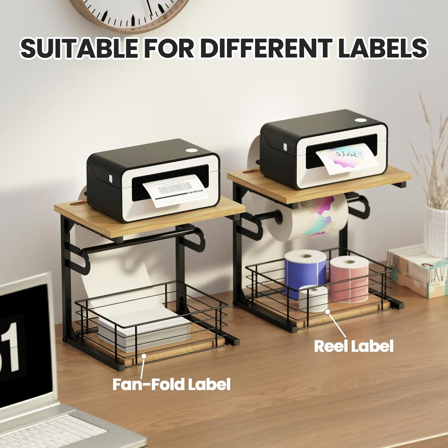 Label Holder for Rolls and Fan-Fold Labels, Wooden Thermal Sticker Roll Holder for Desktop Thermal Label Printer, Solid Shipping Label Holder & Desktop Label Printer Accessory Supplies for Home,Office