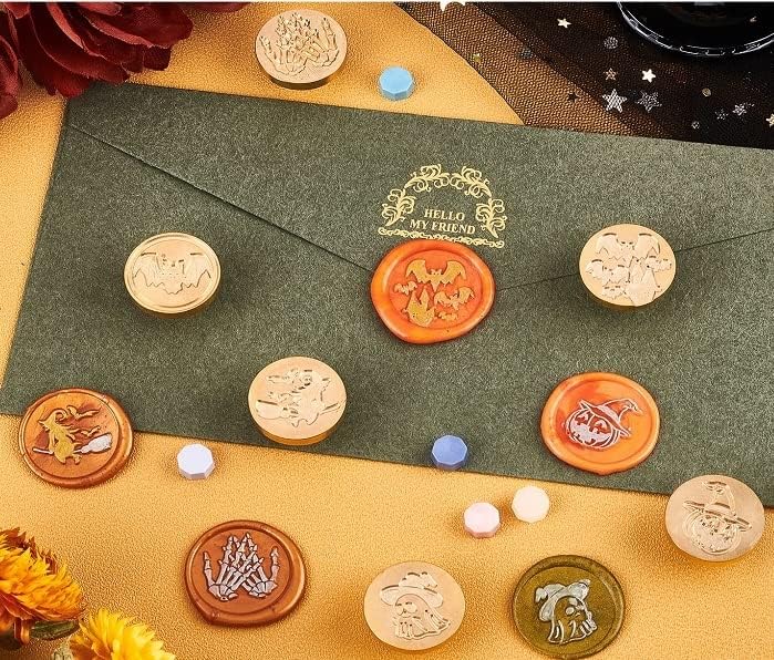 CRASPIRE Halloween Wax Seal Stamp Set 12pcs Sealing Wax Stamps 25mm Retro Removable Brass Heads with 2pcs Wood Handle for Wedding Invitations Envelopes(Skull Pumpkin Bats Ghost Spider Web Skeleton)