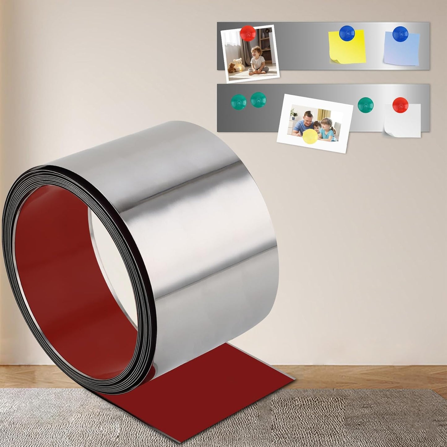 Self Adhesive Backing Metal Strip for Magnets, Flexible Ferrous Memo Tapes Roll for Bulletin Boards in Studio, Office, School (Glossy Silver, 118''L x 4.72''W)