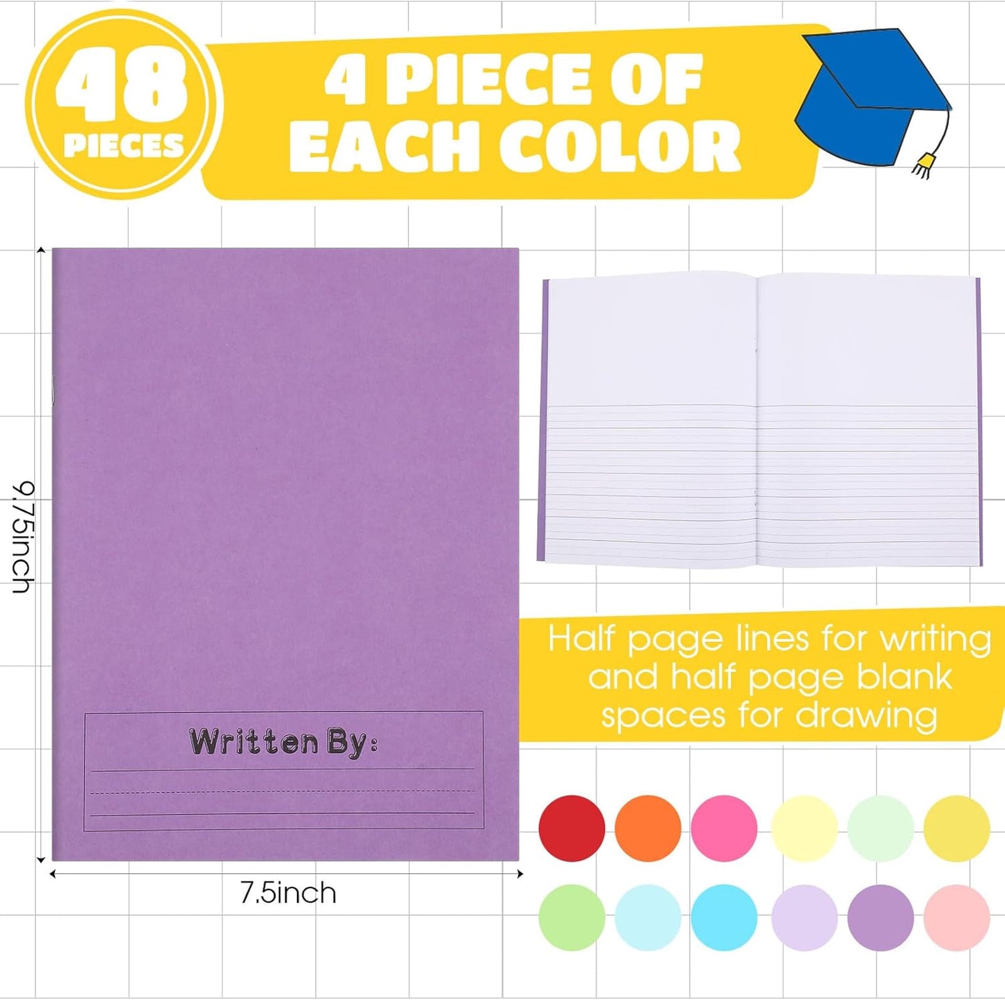Henoyso 48 Pcs Primary Composition Notebook K-2 9 3/4 x 7 1/2 Inch Primary Journal, Back to School Supplies, Bulk Blank Writing Book for Kid to Write Draw Journal 60 Page Notebooks (Multicolored)
