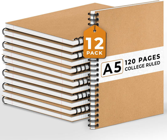 12 Pack Lined Journal Spiral Notebook College Ruled, 5.8 x 8.3, 120 Pages (60 Sheets), 100 GSM Thick Paper Notebooks, Daily Writing Journals for Men and Women, Work, Office & School Supplies