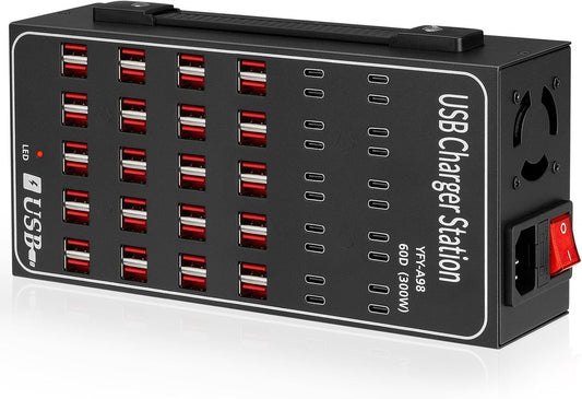 300W USB~c Charging Station, 60 Port (40 USB A & 20 USB~C Port) USB~C Charger Block, Fast Charging Station for Multiple Devices, Desktop USB Charger Compatible for iPhone, iPad, Tablets