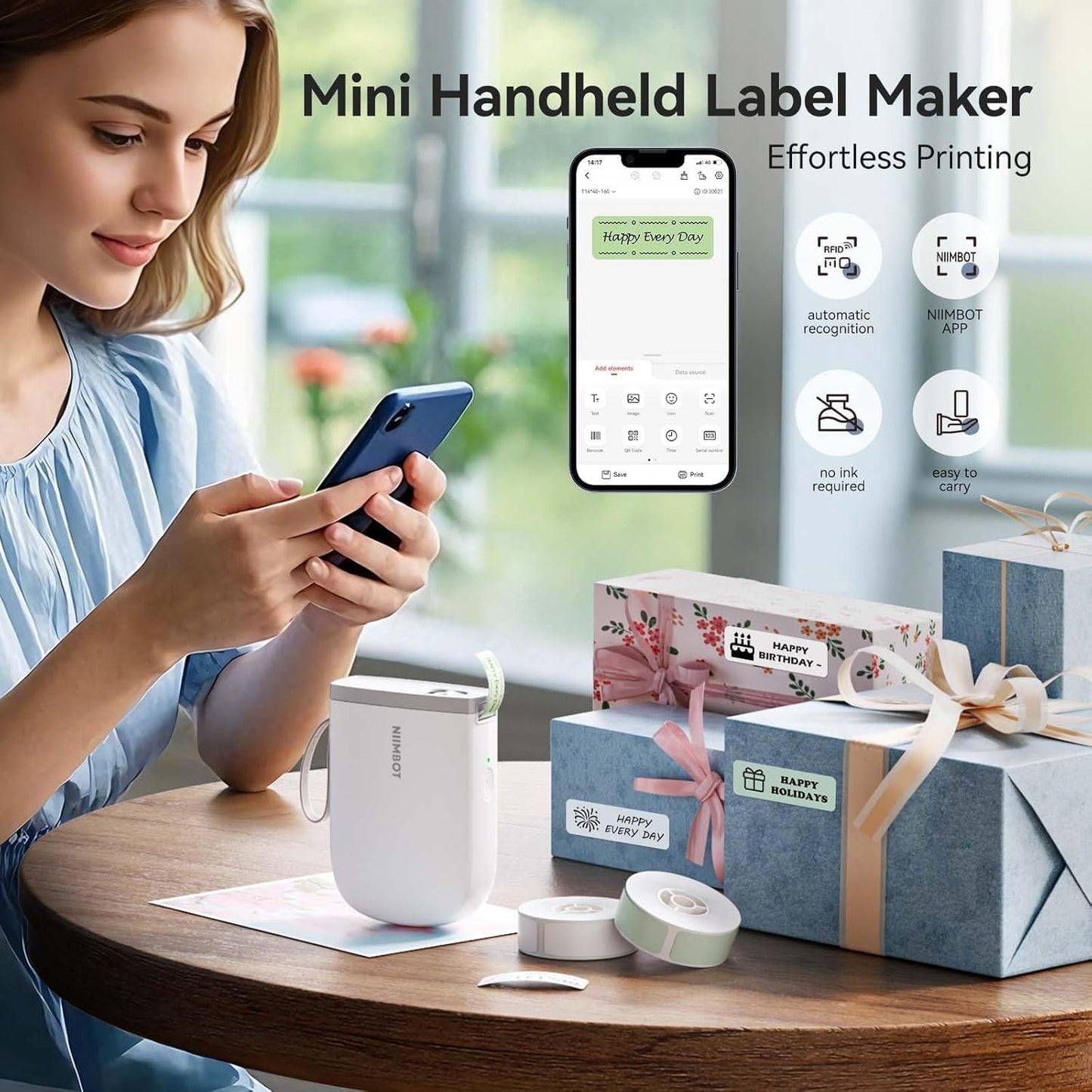 NIIMBOT D11 New Version Label Maker Machine with 3 Rolls Tape, 300DPI Bluetooth Label Printer, Portable Thermal Printer, Sticker Maker for Organizing Home Office School,White