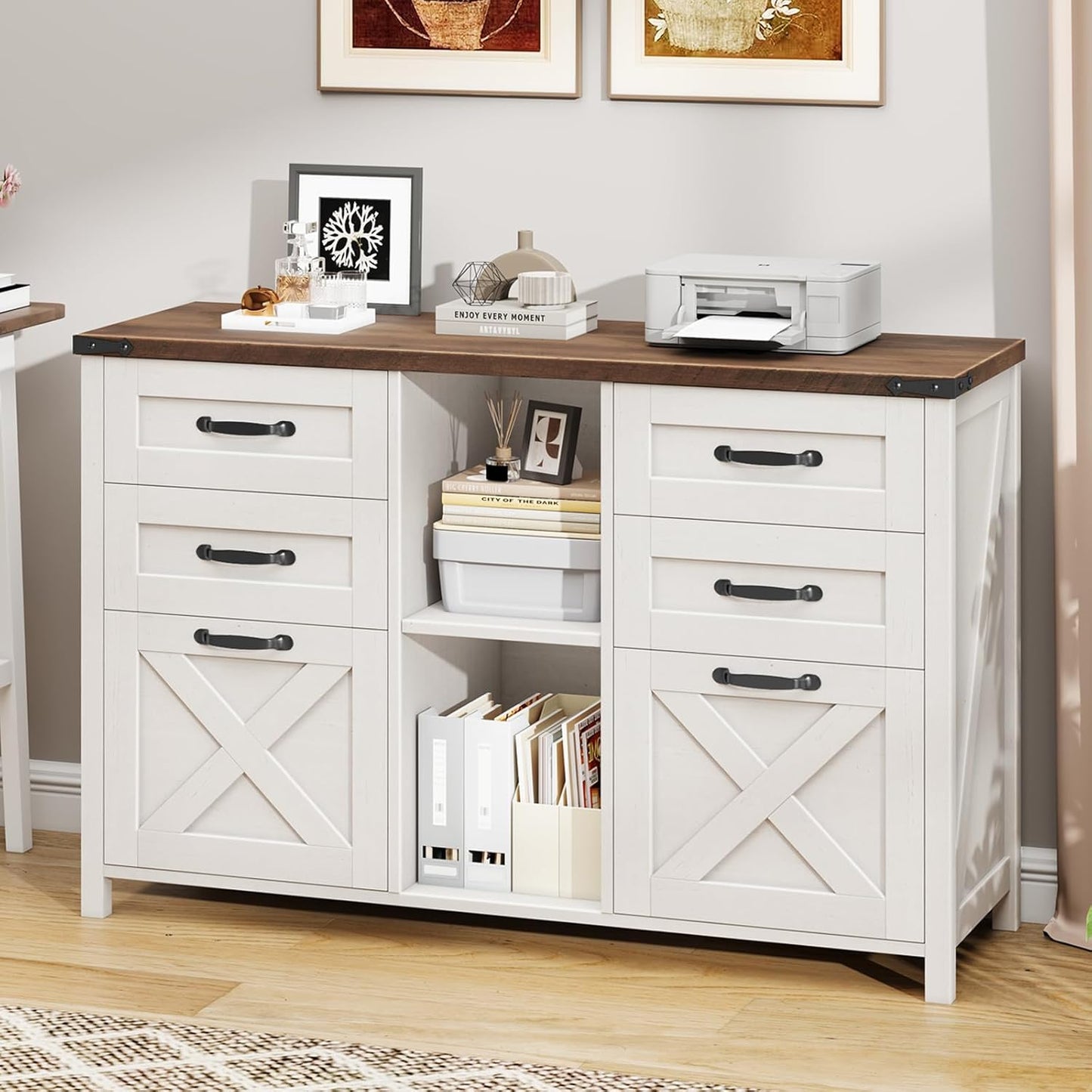 Lateral File Cabinet with 6 Drawers, Farmhouse Filing Cabinet for Letter/A4 Size, Wood File Storage Cabinets Printer Stand with Open Storage Adjustable Shelf for Home Office Cabinets, Rustic White