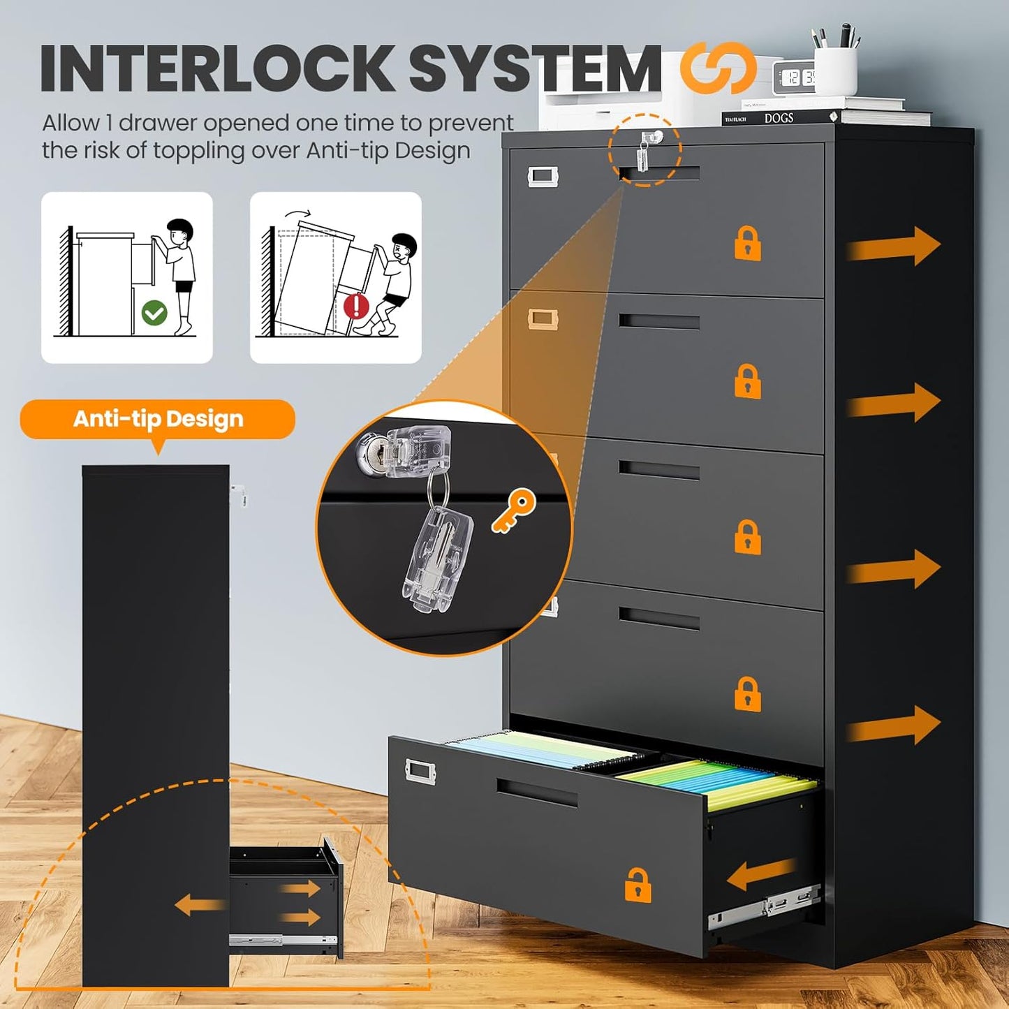 5 Drawer File Cabinets for Home Office, Metal Filing Cabinet with Lock, Black Locking File Caninet Five Drawer, Office Storage Caninets Steel Cabnet for Letter/Legal/A4/F4-Assembly Required