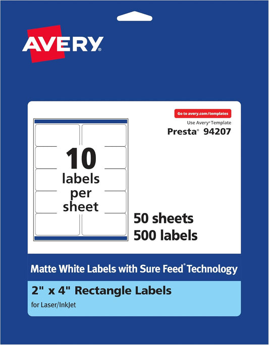 Avery Matte White Rectangle Labels, Sure Feed Technology, 2" x 4", 500 Matte White Printable Labels