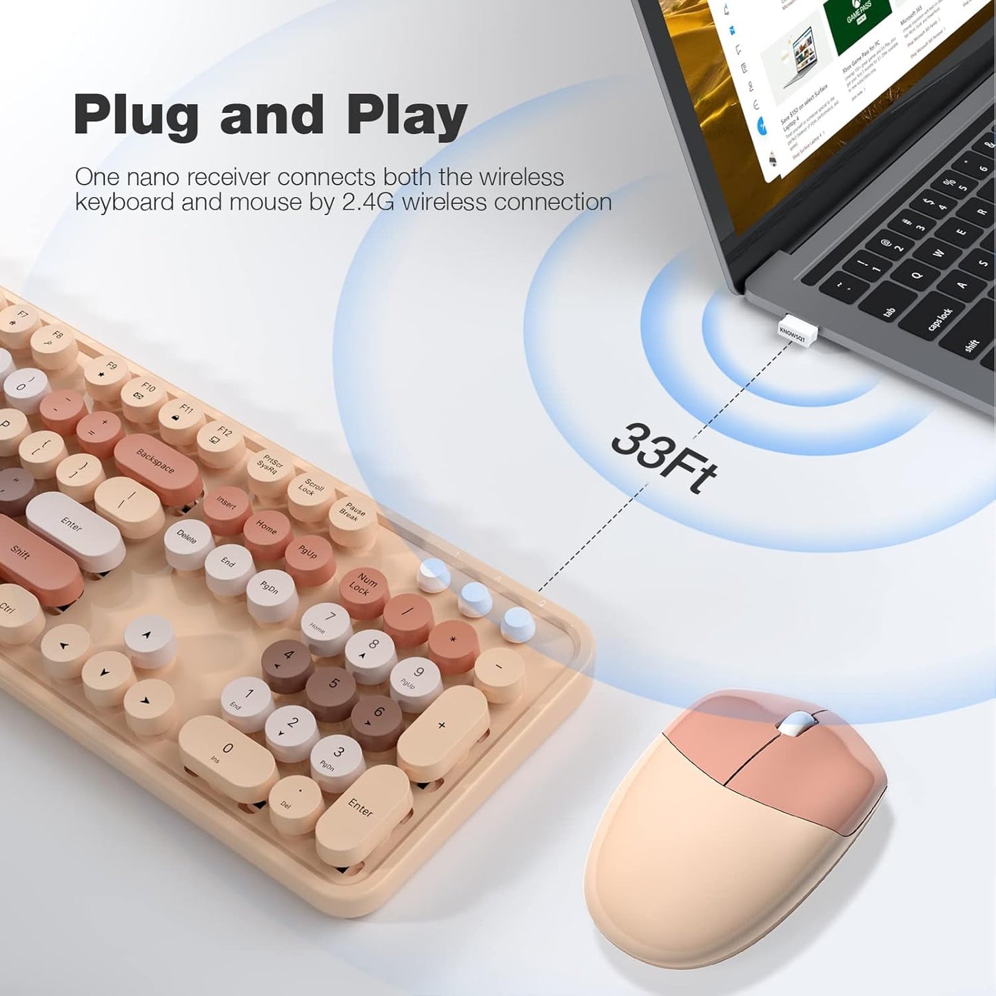 Wireless Keyboard and Mouse Combo, 104 Keys Full-Sized 2.4 GHz Round Keycap Colorful Keyboards, USB Receiver Plug and Play, for Windows, PC, Laptop, Desktop (Milk Tea)