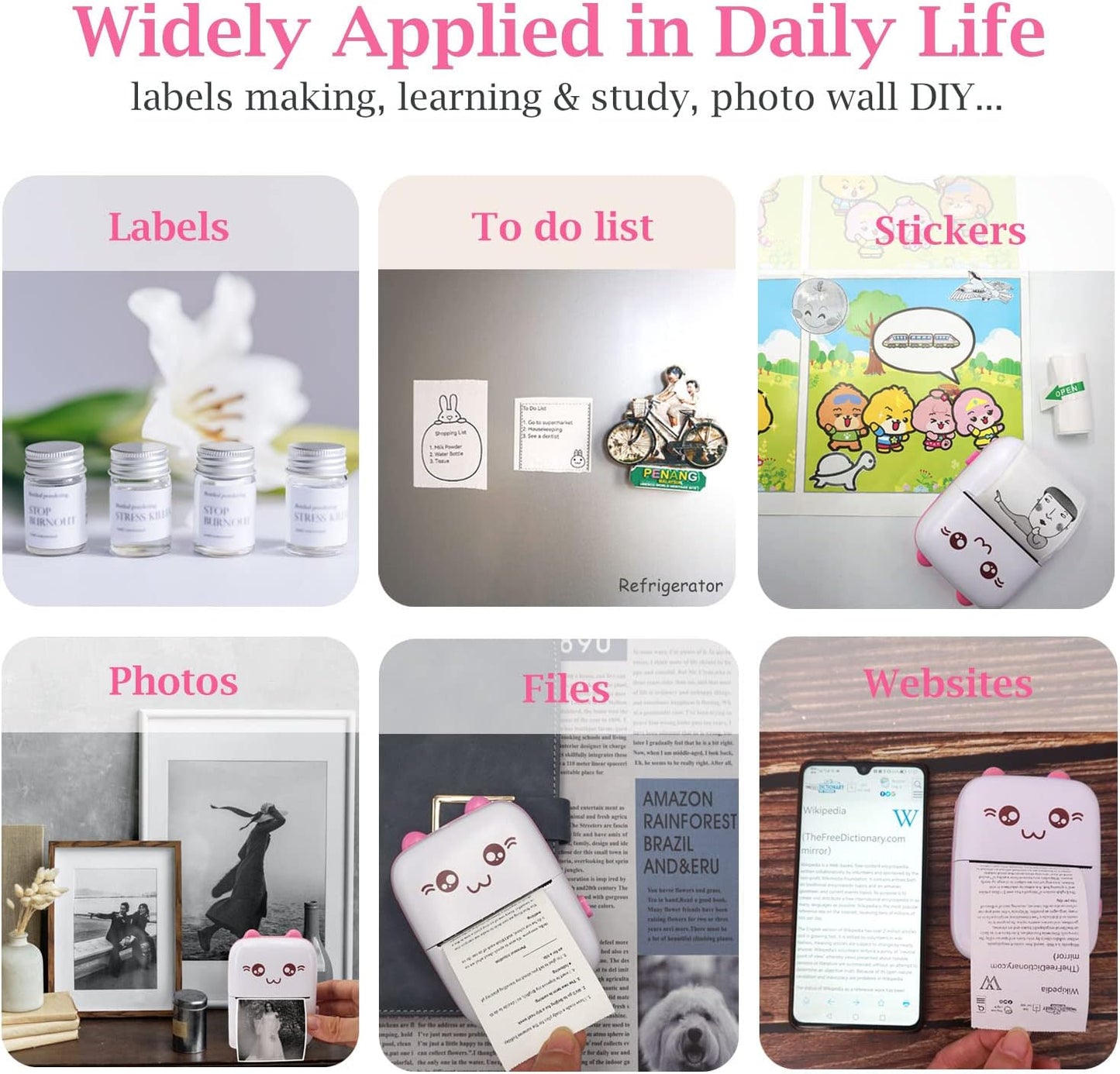 Mini Pocket Printer, Portable Thermal Printer with 8 Rolls Printing Paper, Bluetooth Wireless Tiny Printer for Photos/Stickers/Labels/Notes/Receipts, Compatible with iOS and Android, Pink