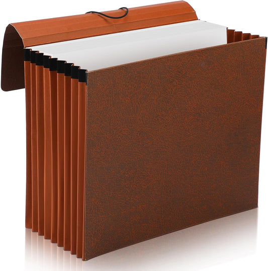 PerKoop 1 Pcs Expanding File Folder with Flap 7 Inch Expansion Expanding File Wallet with Elastic Cord Closure Letter Size Heavy Duty Document Organizer, 10 Slots, Brown