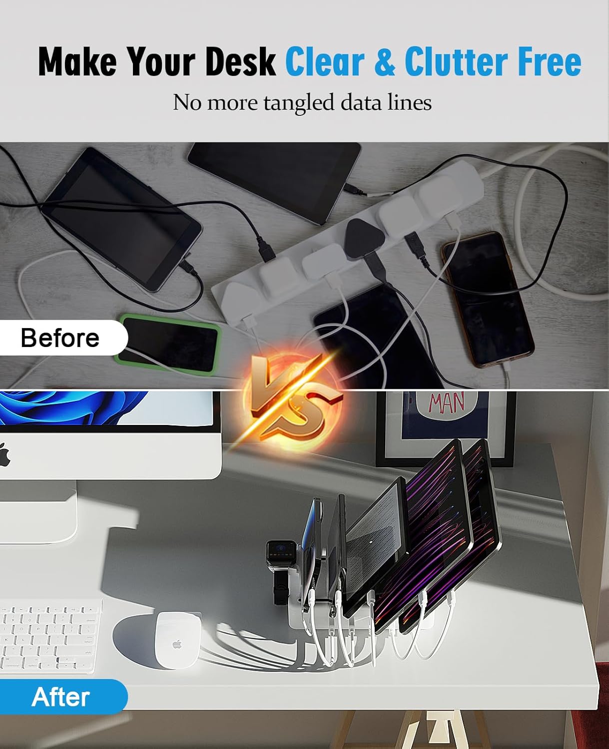 Charging Station Multiple Charger Station - 2025 New 6-Port USB Fast Charging Dock 50W Organizer Station with Watch Charger for iPhone|Android Cell Phone|iPad|Kindle|Watch|Tablet