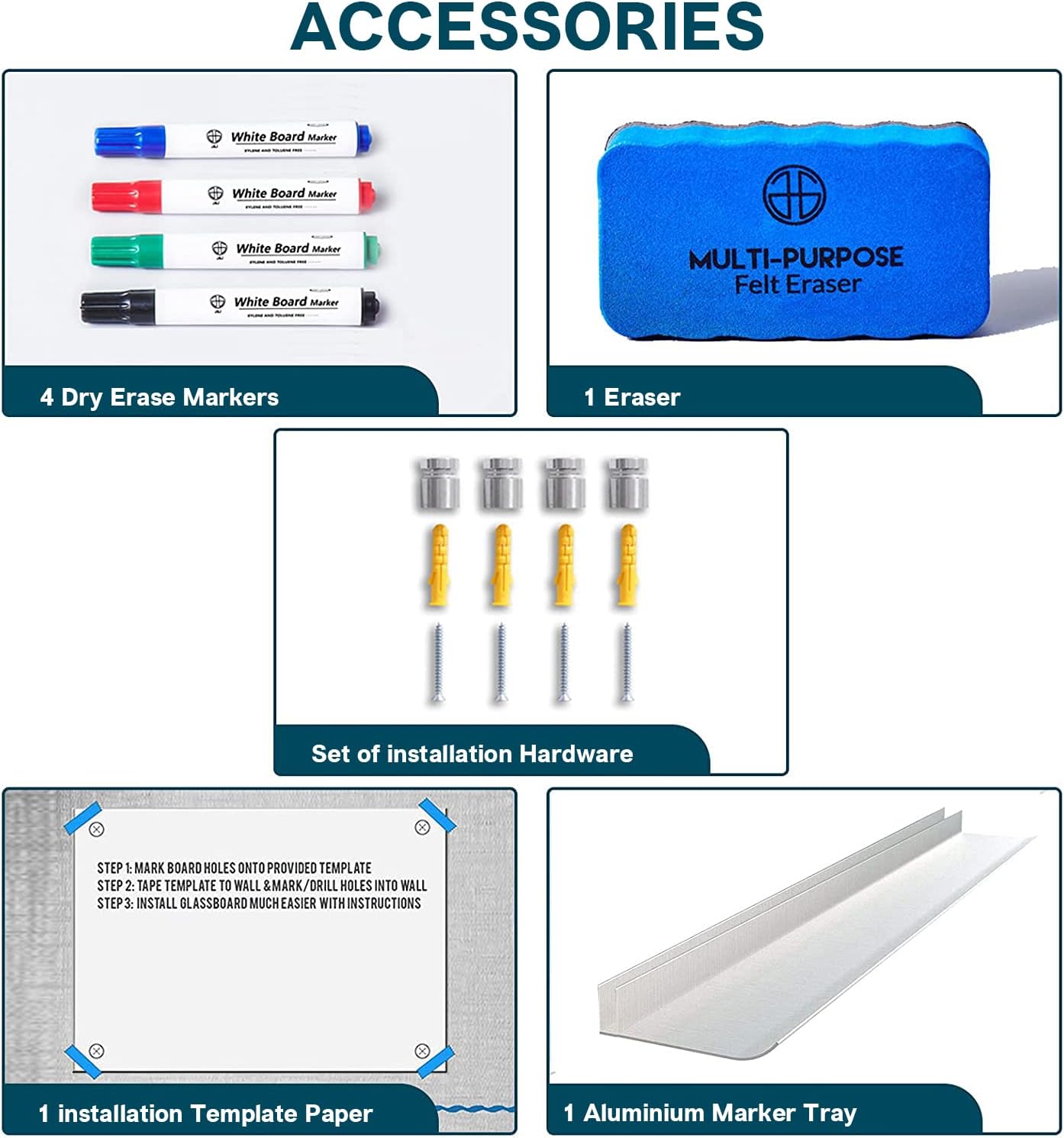 J&J worldwide Glass Whiteboard 47 x 35, Frosted Glass Dry Erase Board Non-Magnetic, Semi-Transparent, Includes Markers, Marker Tray, Eraser for Wall, Office, Home, School