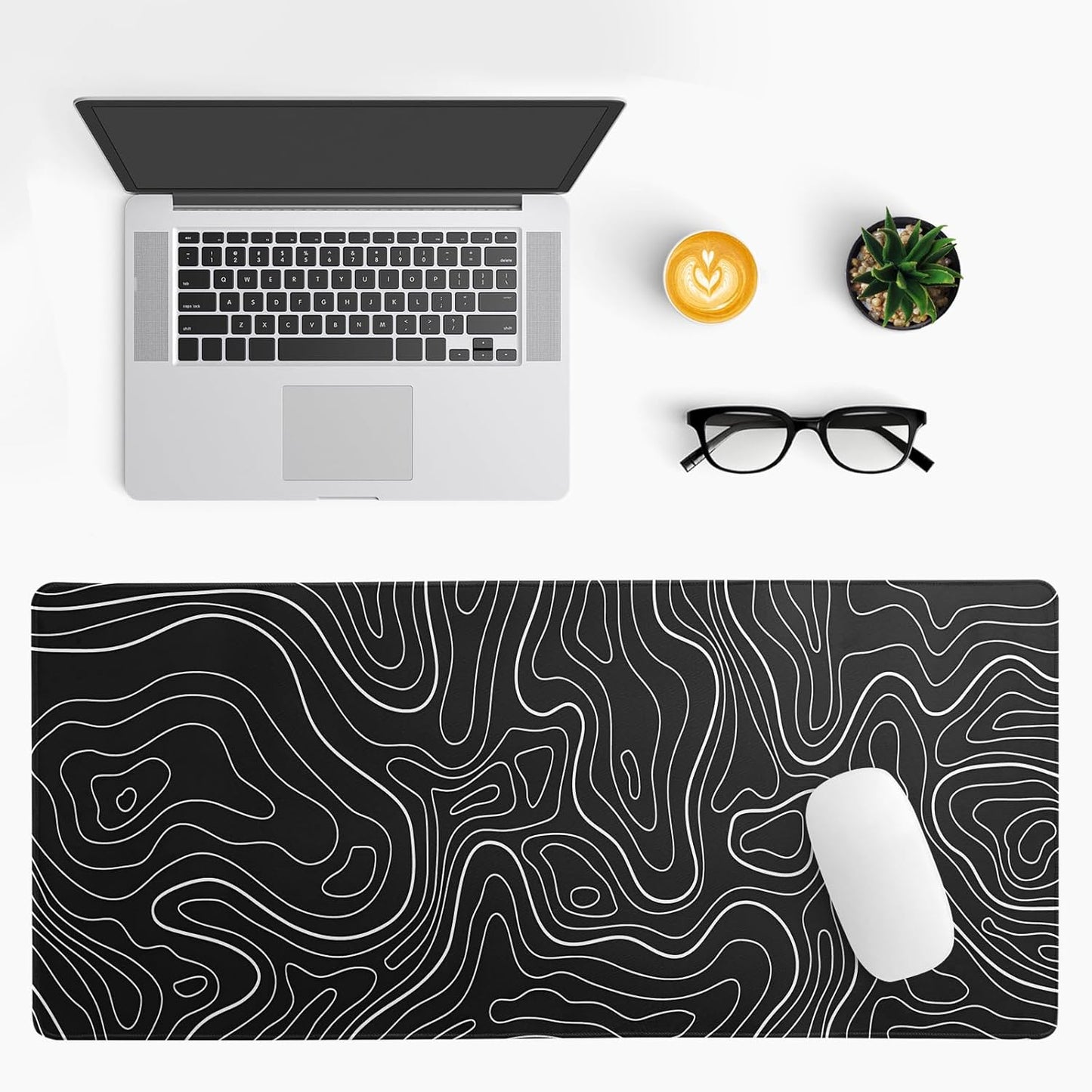 Gaming Mouse Pad Topographic Large Mousepad Keyboard 31.5 x 11.8in for Non-Slip Base and Stitched Edge, Extended Desk Pad XL Desk Mat (Black)