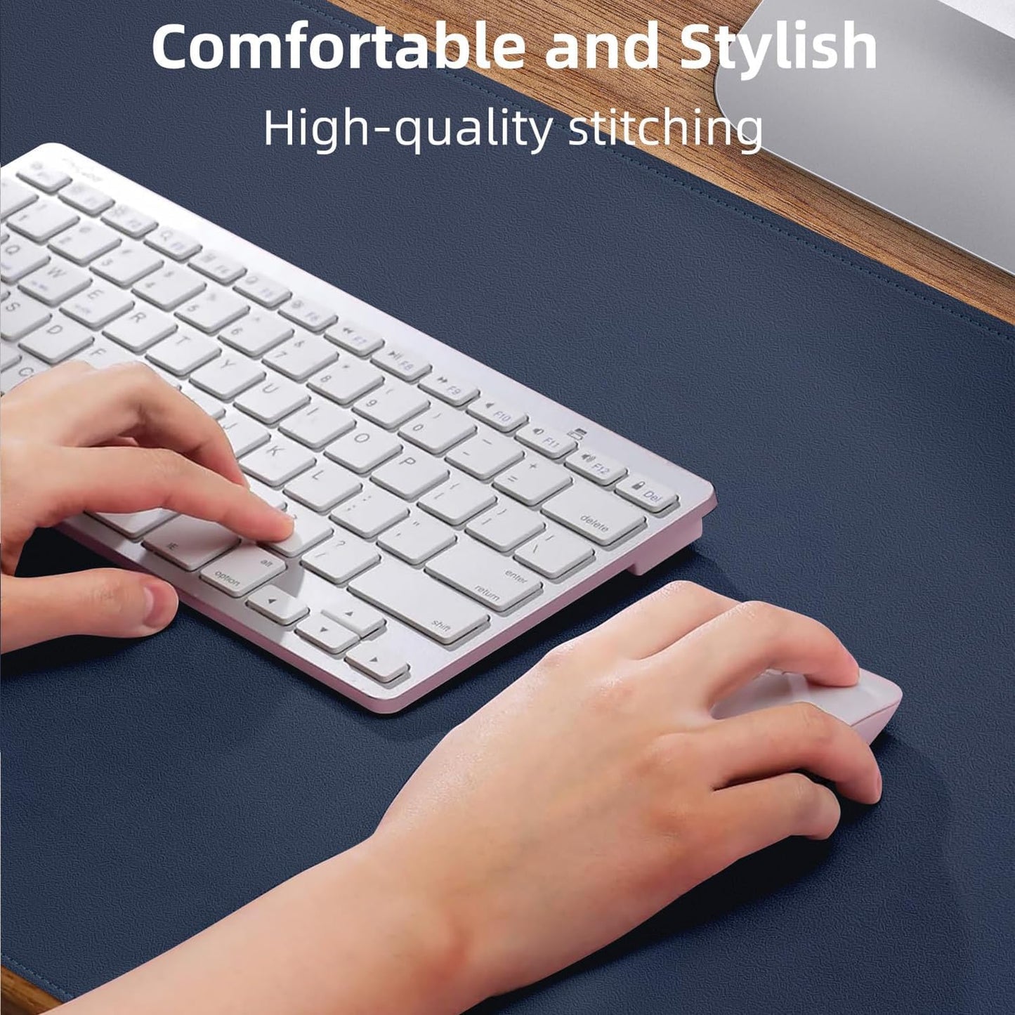 Large Desk Mouse Pad Protector, Stitched Locking Edge Non-Slip PU Leather Desk Mat Laptop Table Pad Blotter, Waterproof Durable Writing Pad for Office and Home (Dark Blue, 120 x 43cm)