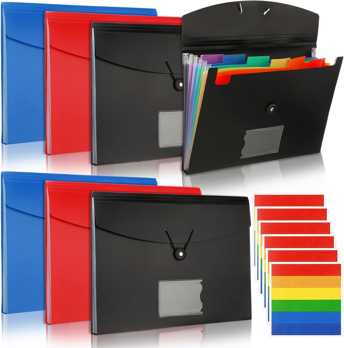 Glenmal 10 Pcs 7 Pocket File Folders File Organizer Expanding Folder with Labels Plastic Expandable Folder Pocket Folder A4 Letter Size Paper Organizer Folder for Office(Red, Black, Blue)