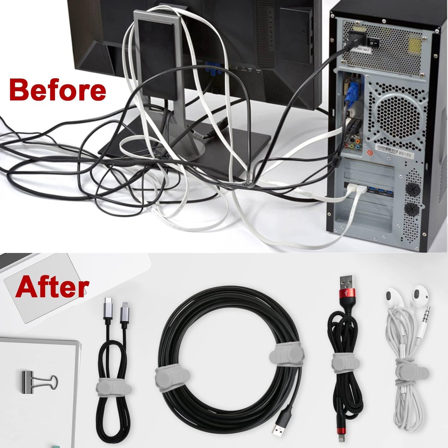 Nearockle 16Pcs Silicone Cable Straps Wire Organizer for Bundling Earphone, Phone Charger, Computer Cords, Reusable Cable Ties Cord Organizer in Home,Office,Kitchen,School(Grey)