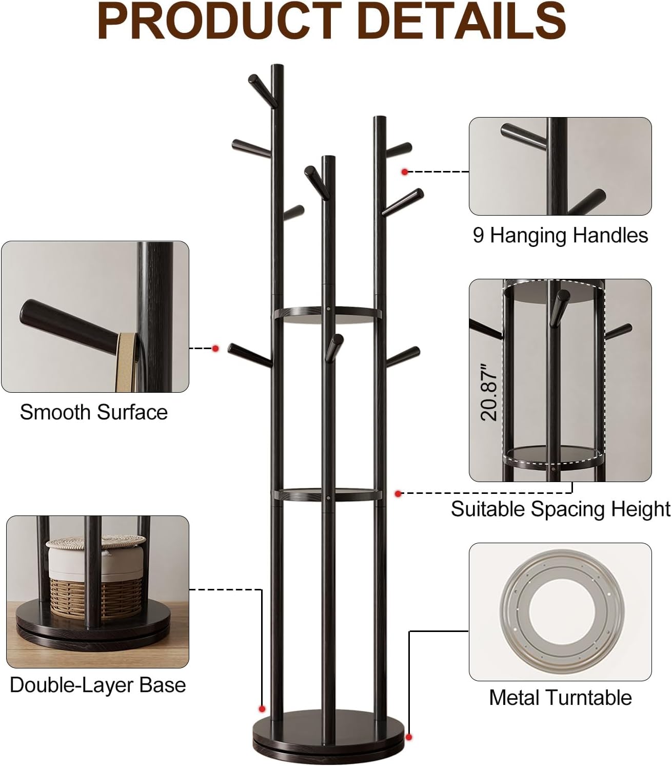 Solid Wood Rotary Coat Rack, Freestanding Coat Rack with 3 Shelves and 9 Hooks, Coat tree for Bedroom, Entryway, Livingroom, Coat Hanger Stand for Coats, Scarves, Handbags (Black)