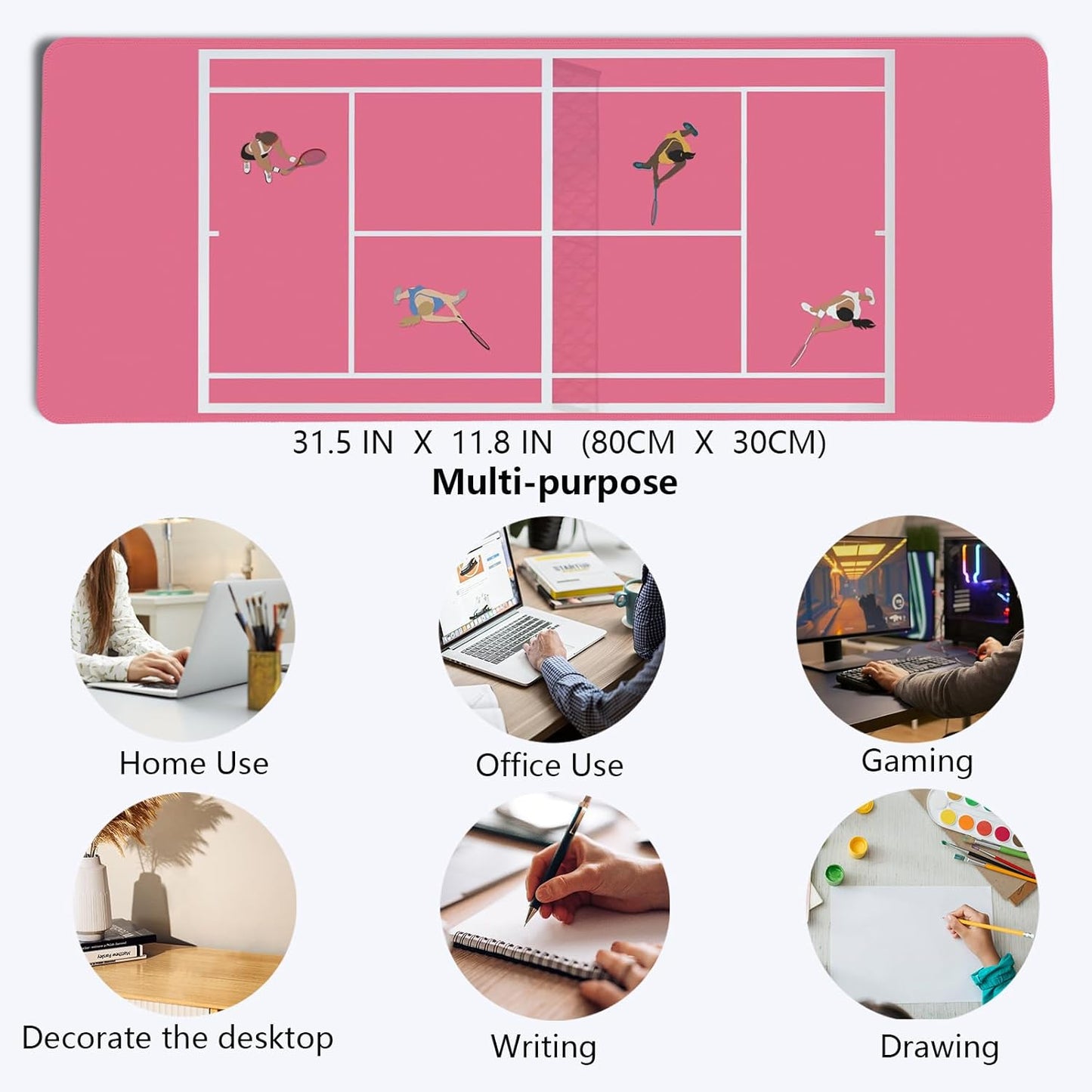 Girly Pink Preppy Desk Mat,Coquette Pink Tennis Court Mouse Pad,Tennis Sport Art Mouse Pad,Gift for Tennis Players,XL Large Laptop Desk Mat for Girls Dorm Home Office,31.5x11.8 Inch
