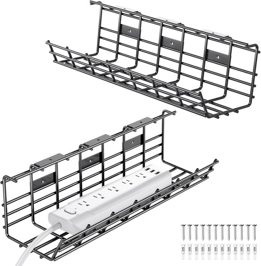 2 Pack DELAMU Under Desk Cable Management Tray, Large Metal Cord Organizer, Office & Home Cord Wire Management Under Desk Shelf, Easy Install Pre-drilled Cable Organizer, Black