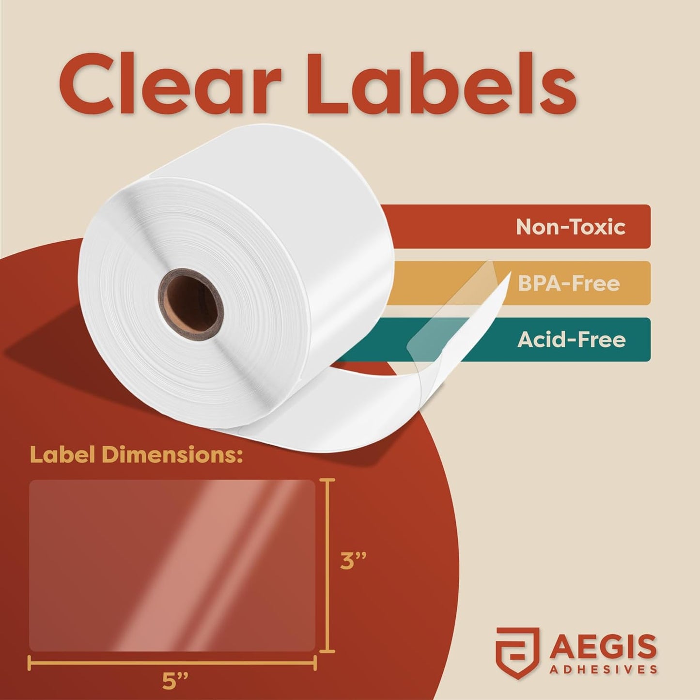 Aegis Adhesives - 3" X 5" Large Clear Labels - Protective Sticker Covers for Packages, Mailers, and More (1 Roll, 500 Labels/Roll)