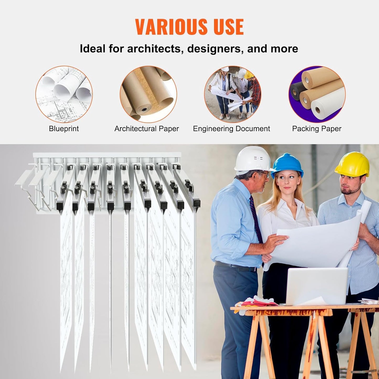 VEVOR Wall Mount Blueprint Storage Rack – Holds up to 1200 Blueprints, Hanging Blueprint Holder with 12 Pivot Brackets, for 24", 30", 36", or 42" Clamps(Rack Only Without Clamps)- Heavy Duty(240lbs)