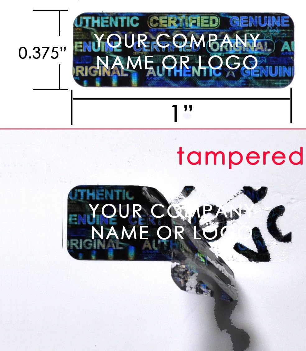 500 Tamper Evident Holographic Custom Print Black Security Label Seal Sticker, Rectangle 1" x 0.375" (25mm x 9mm).