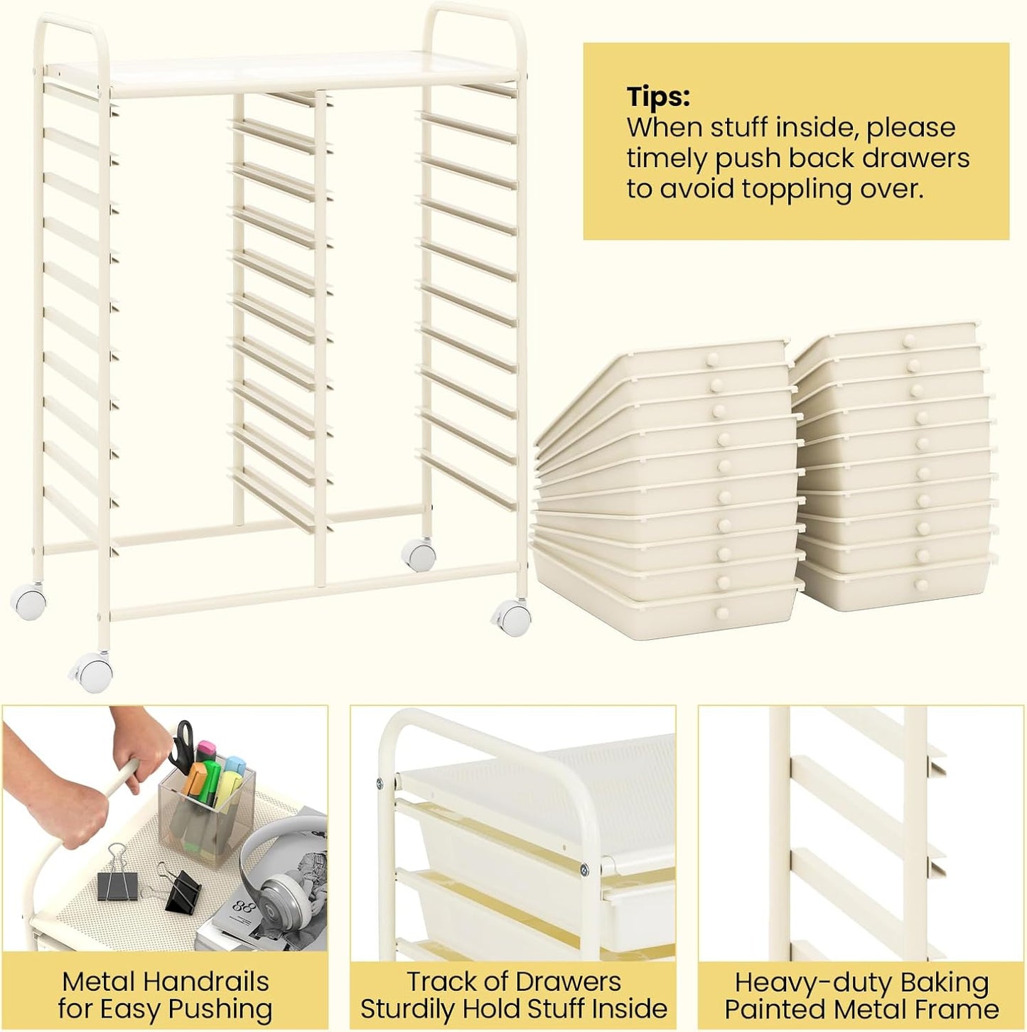 Giantex 20 Drawers Rolling Cart, Mobile Storage Drawer Cart, Classroom Organizer for Office School Supplies Tools Scrapbook Paper Craft Small Printer, Utility Stand on Wheels, Ivory White