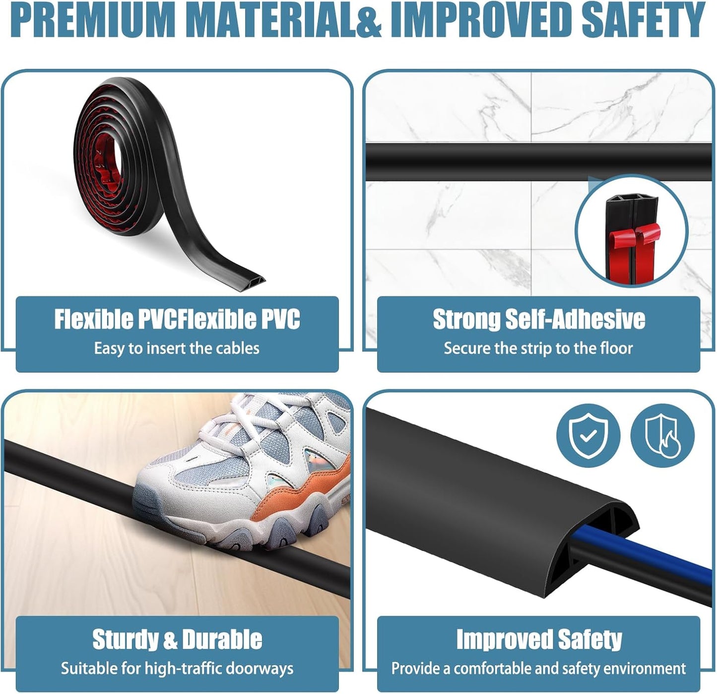 Floor Cord Covers for Wires 3.3FT Cable Hider Wire Coverr Self Adhesive Cord Hider Floor for Offices, Homes, Workshops, Warehouses Cable Cavity 0.51" W x 0.31" H