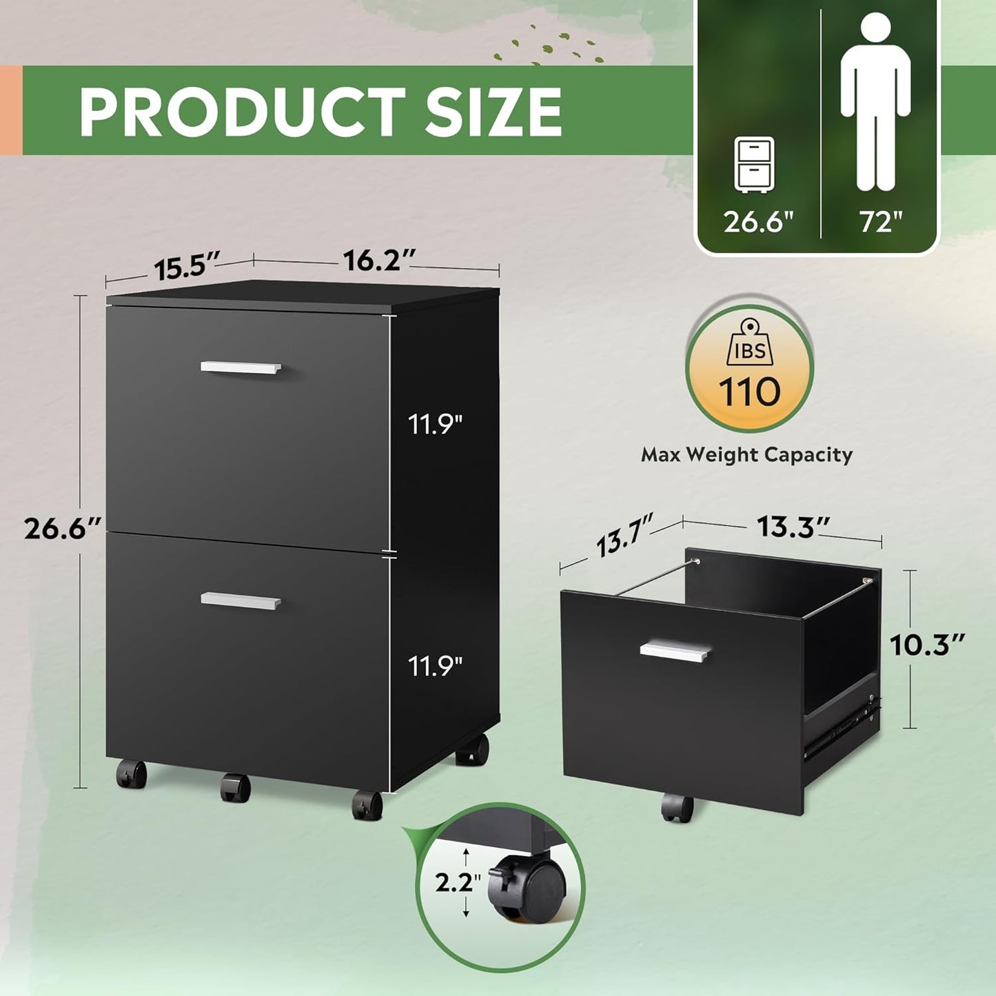 DEVAISE 2 Drawer File Cabinet, Mobile Printer Stand, Wood Filing Cabinet fits A4 or Letter Size for Home Office, Black