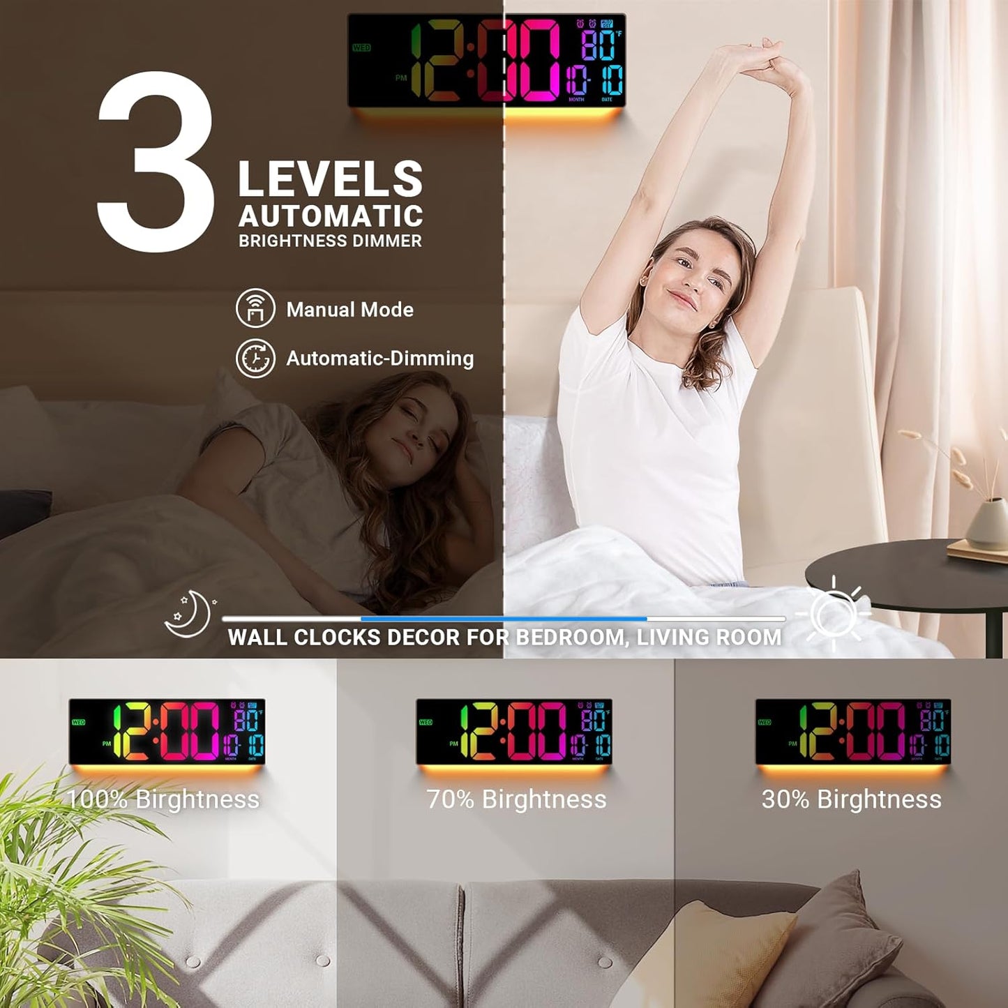 16.5" Large Digital Wall Clock: 11 RGB Colors Wall Mount Decor Clock for Living Room Bedroom Office Classroom, House Warming Gifts New Home Decor, Birthday Gifts for Men Women Brown