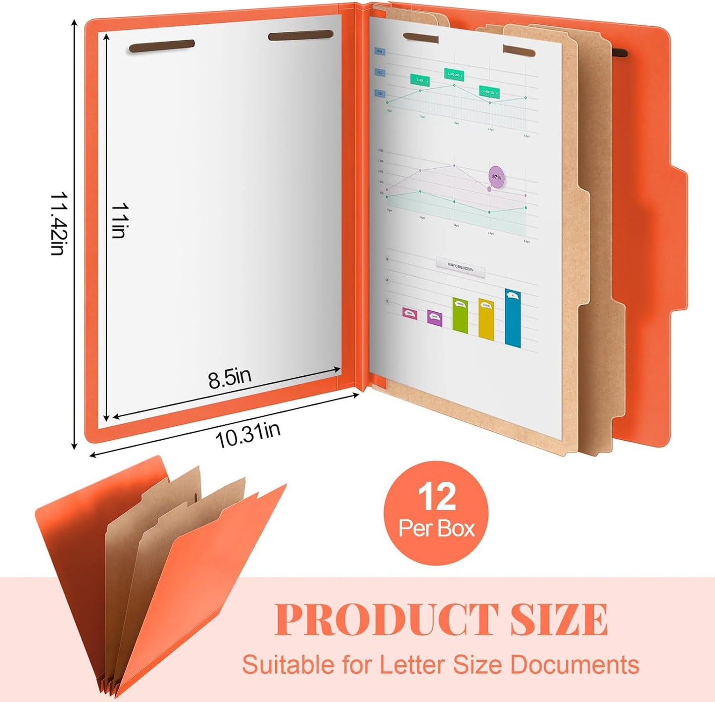 12 Pcs Classification Folders Letter Size Bulk - 2 Dividers Pressboard File Folder with 3. 5 Inch Expansion, 2 Prongs Fastener, Heavy Duty Office File Organizer for Teacher Medical (Orange)