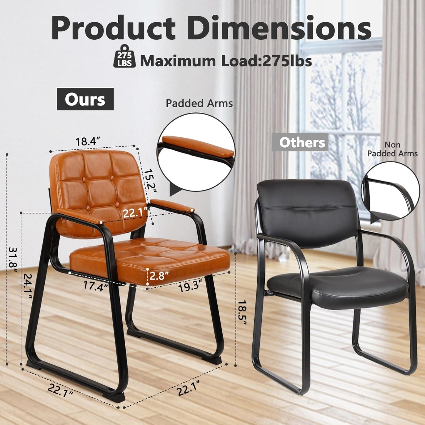CLATINA Office Guest Chair, Leather Reception Chairs with Padded Arms, Desk Chair No Wheels Stationary for Conference Lobby Waiting Room Training Side Elderly, Orange