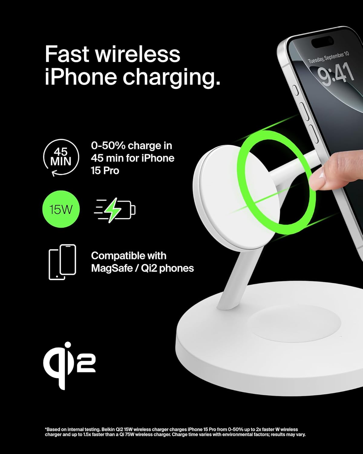 Belkin MagSafe-Compatible Charger, 3-in-1 Wireless Charging Station, Qi2-Certified 15W Wireless Charge for Apple iPhone 16 Series, Apple Watch, AirPods w/Non-Slip Base, 40W Included - White