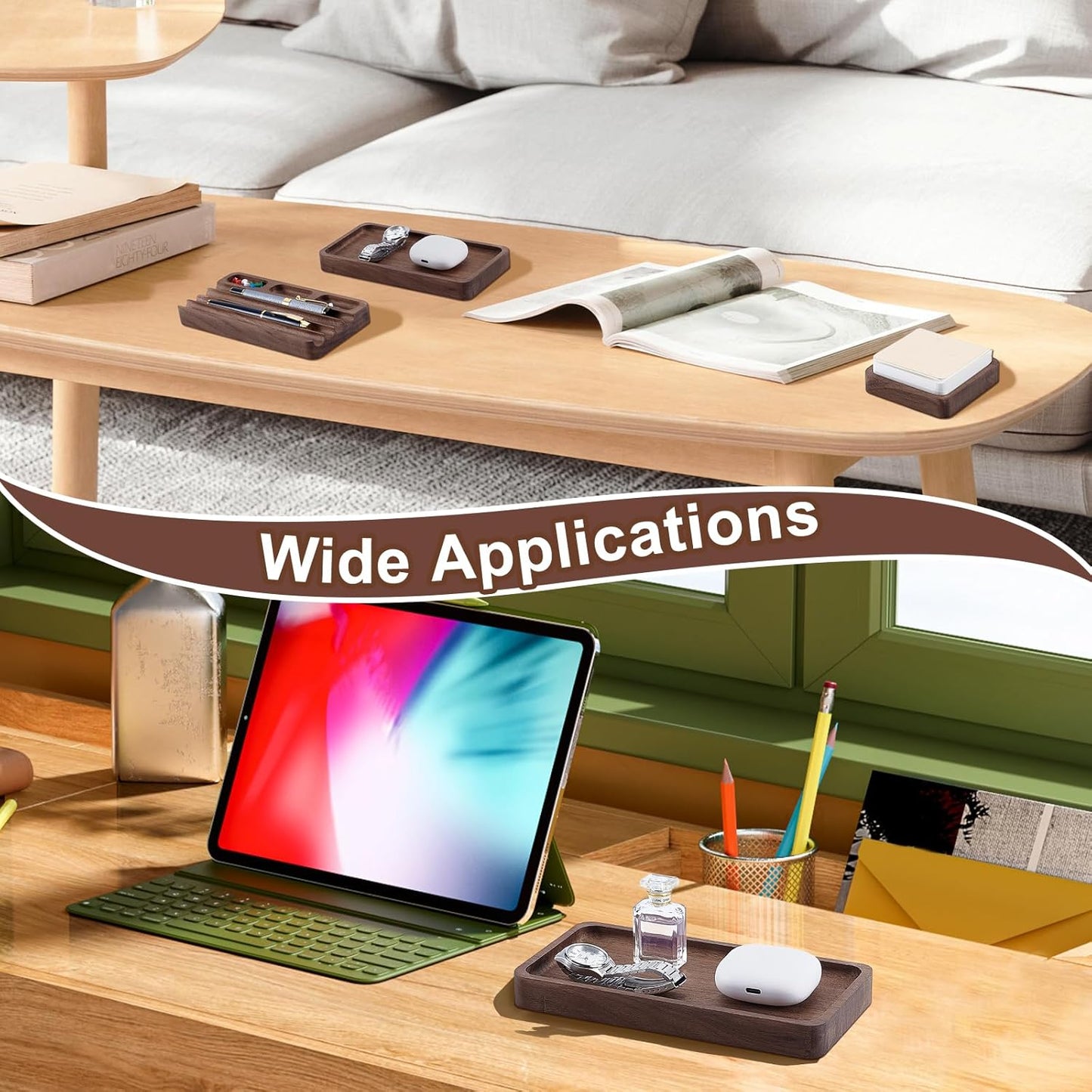 4 Piece Wooden Desk Organizer Tray With Pen Holder, Walnut Wood Pencil Holder, Minimalist Desk Accessories, Mens Valet Tray Office Supplies, Stationery Pen Key Wallet Catchall Trays