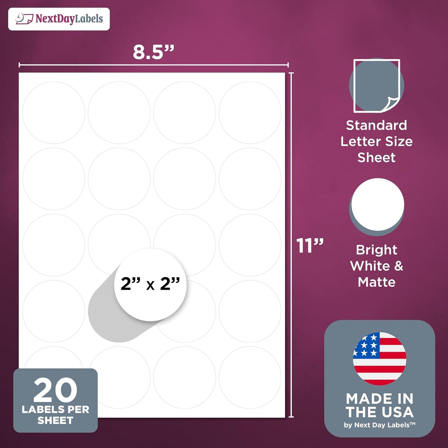NextDayLabels - Laser/Ink Jet White Labels (2" Round for None Bleed Printing - 20 Per Page | 2000 Labels)