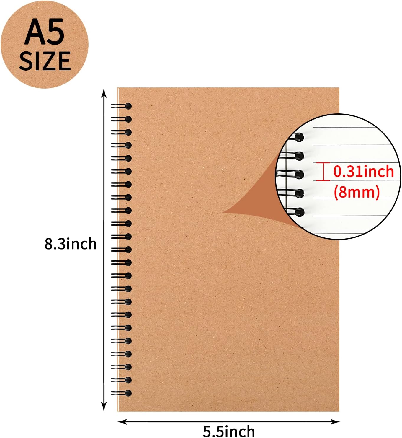 48 Pcs A5 Spiral Notebooks Journal with Kraft Cover, 5x8 Inches, Ruled Lined Paper, for Work, Sketches, Study, Notes Taking, Gifts, Brown (48 PCS(Lined))